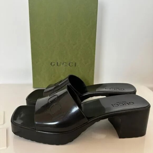 GUCCI Rubber Gucci Logo Womens Platform 20/60mm Slide Sandals 39 Black - Picture 4 of 10